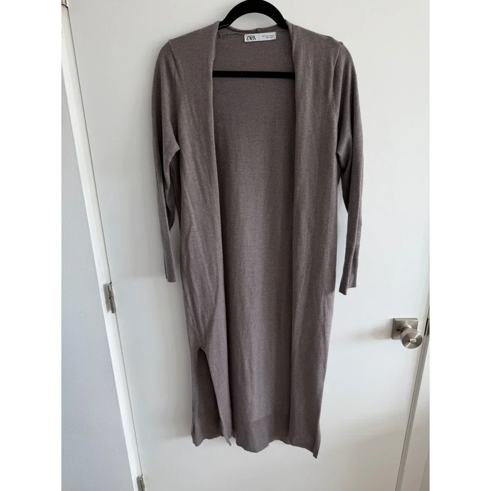 Zara Long Knit Duster Cardigan Taupe Gray Open Front Lightweight Size S